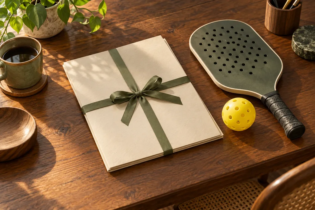 Un document officiel posé sur un bureau à côté d'une raquette et d'une balle de pickleball.