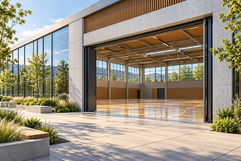 Façade d'une salle sportive accueillant des terrains de pickleball intérieurs, portes ouvertes.