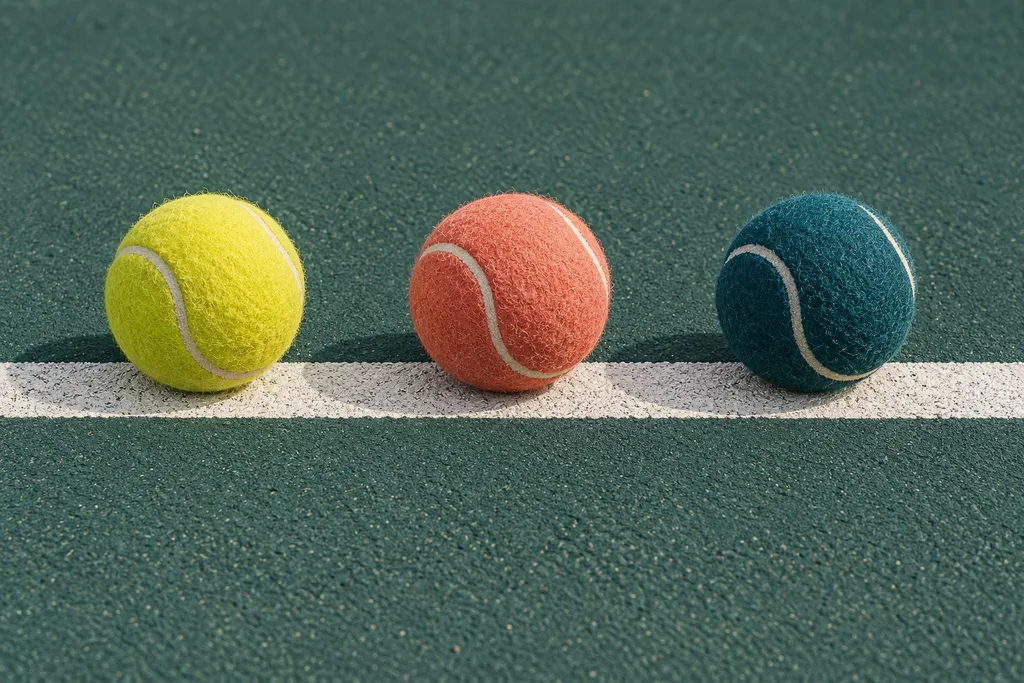 Trois balles de pickleball de couleurs différentes alignées sur une ligne de fond.