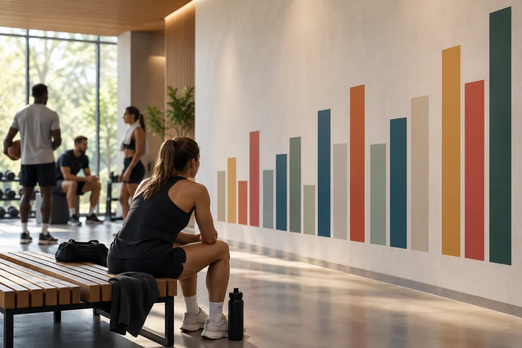 Un graphique à barres sur un mur de club, devant lequel des joueurs discutent.