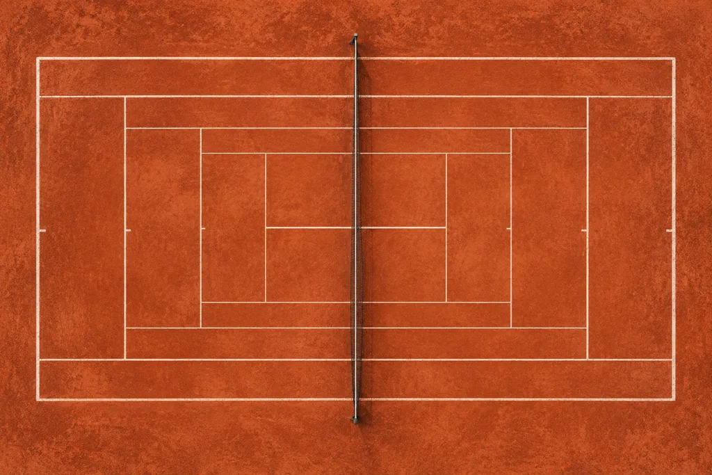Vue aérienne d'un court de tennis sur lequel sont tracés plusieurs petits terrains de pickleball.